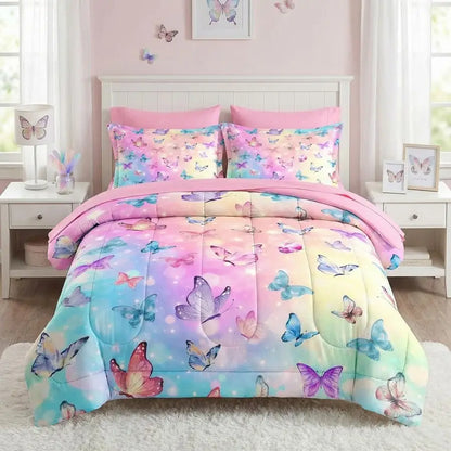 5 Pcs Comforter Set Twin Size, Pink, Blue & Purple Butterfly