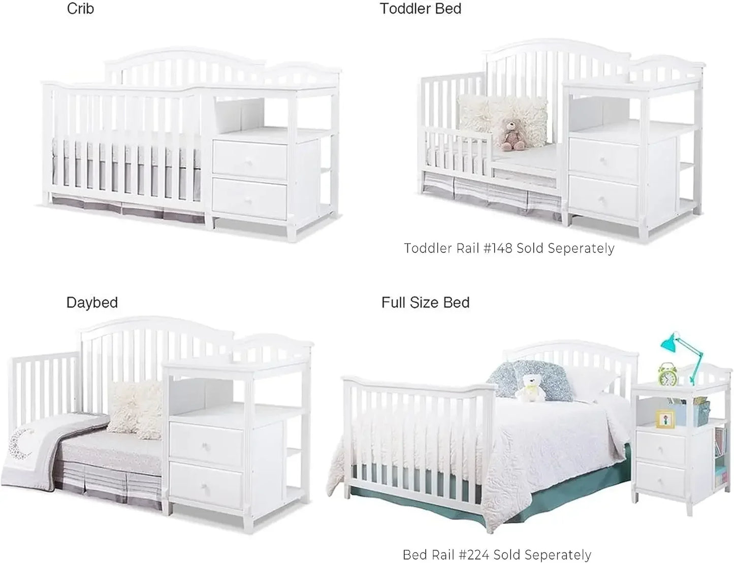 4-in-1 Baby Crib with Attachable Diaper Changing Table