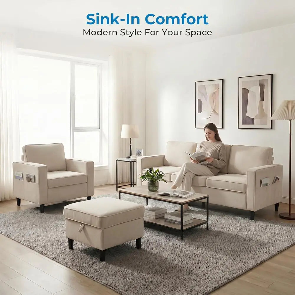 3 Pieces Sofa Couch and Chair Set with Ottoman