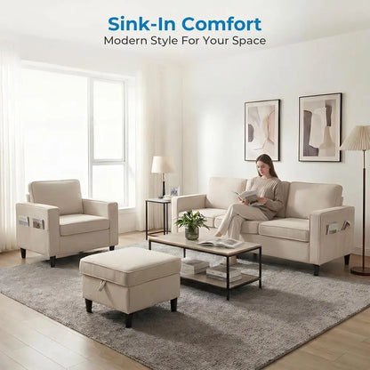 3 Pieces Sofa Couch and Chair Set with Ottoman