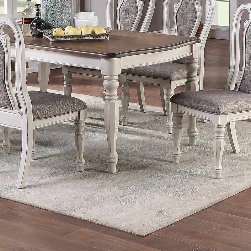 Oak Top 7-Piece Dining Set with 6 Antique White Cushioned Seats