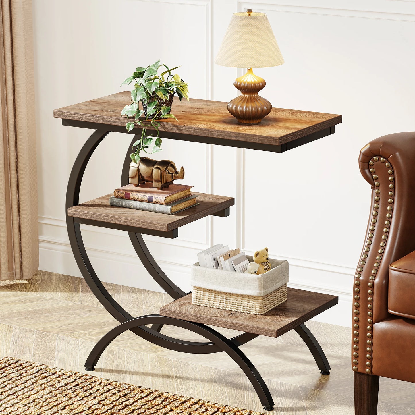 3-Tier, C-Shaped End Table with Storage Shelves