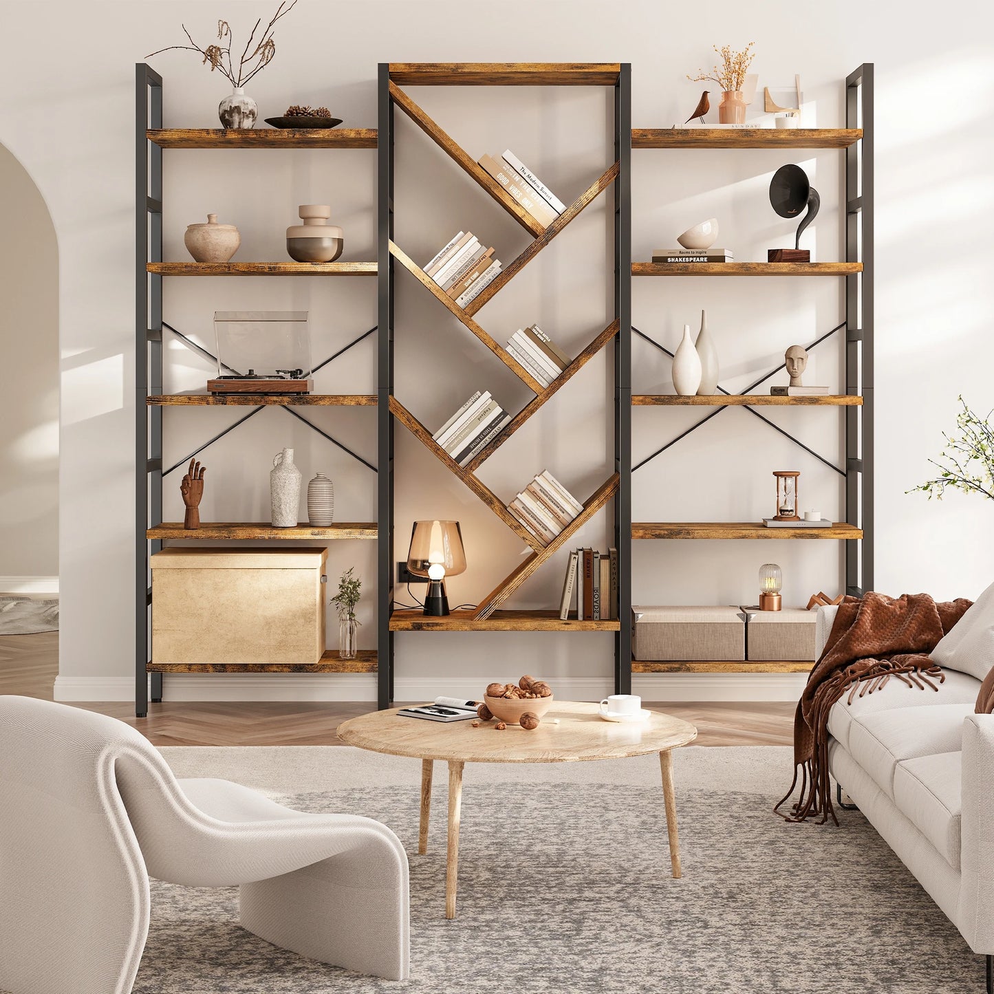 Large Wooden Bookcase with 17 Open Display Shelves