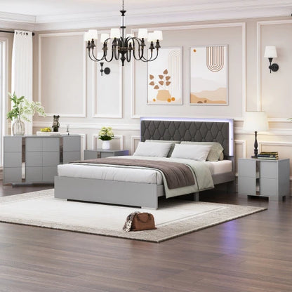 4 Pc Queen Bedroom Set w/ Upholstered Bed, Dresser & 2 Nightstands