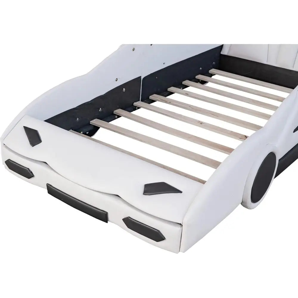 Leather Upholstered Twin Size Race Car Platform Bed with Wheels