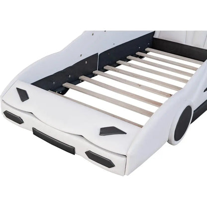 Leather Upholstered Twin Size Race Car Platform Bed with Wheels