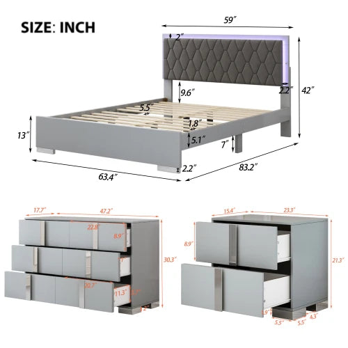 4 Pc Queen Bedroom Set w/ Upholstered Bed, Dresser & 2 Nightstands