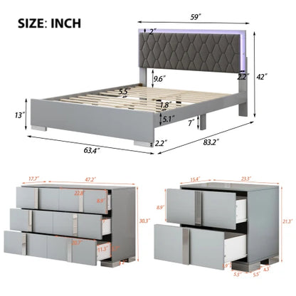 4 Pc Queen Bedroom Set w/ Upholstered Bed, Dresser & 2 Nightstands
