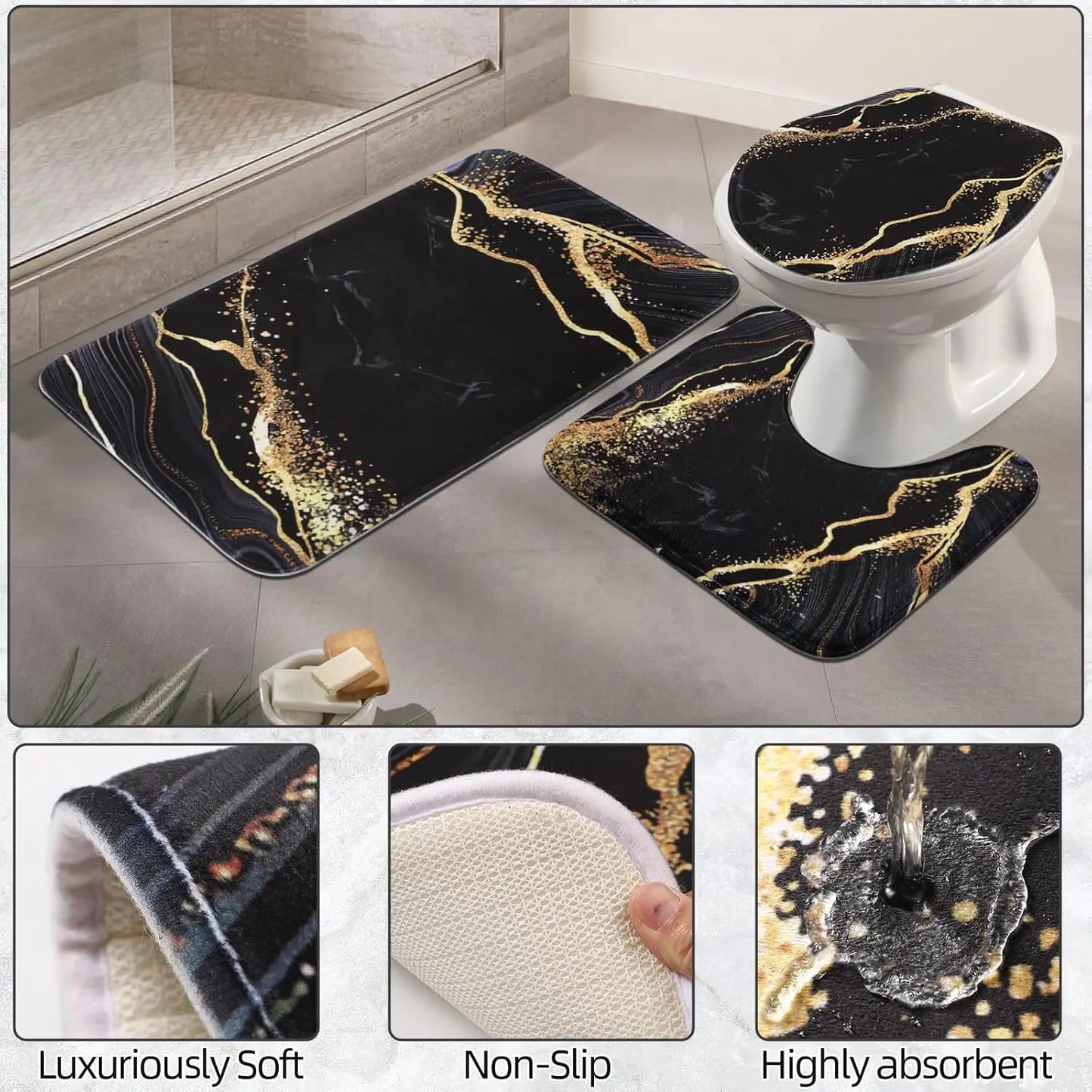 Black and Gold Shower Curtain Set with Rugs and Accessories