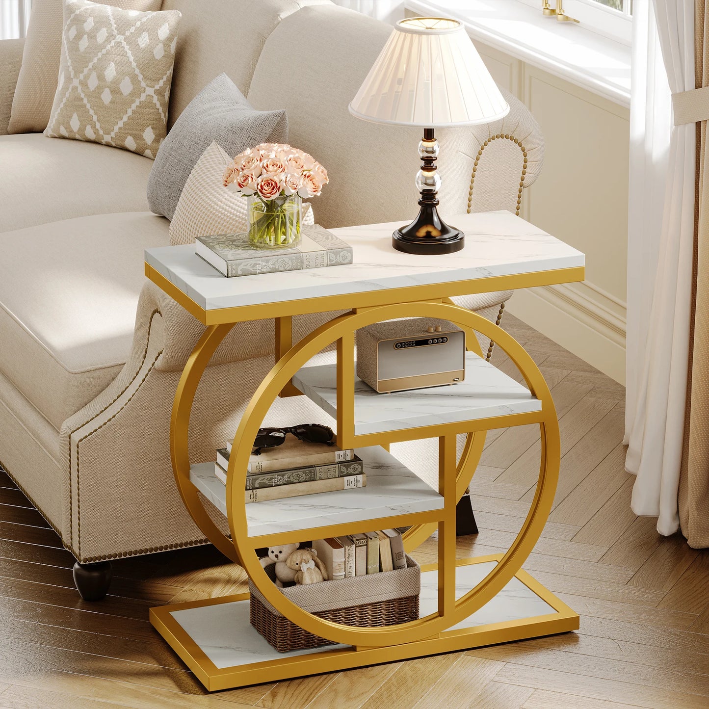 4-Tier Narrow Side End Table with Storage Shelves