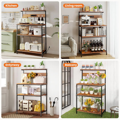 Kitchen Bakers Rack with Power Outlet & Adjustable Storage Shelf