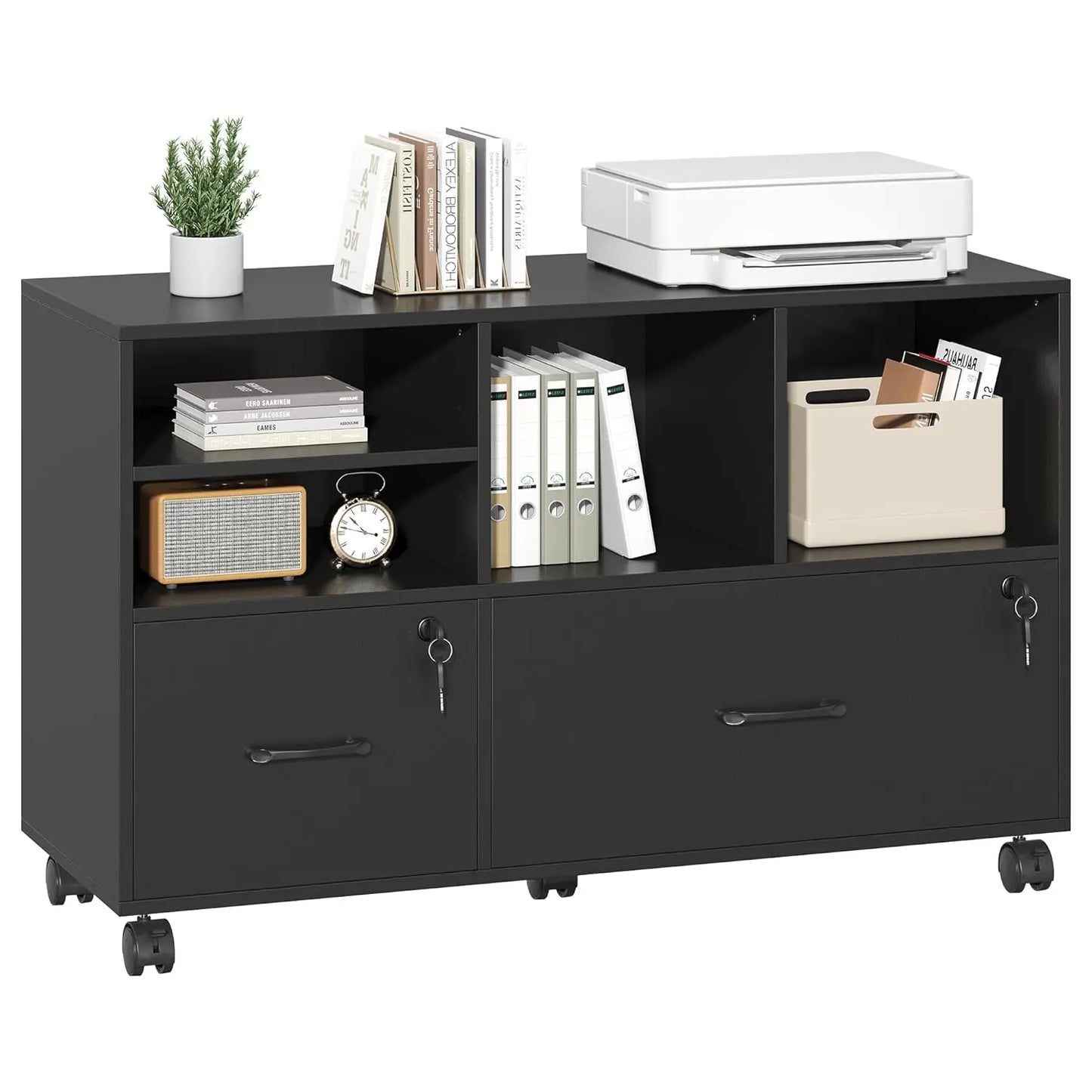 Portable 2 Drawer Wood Lateral File Cabinet with Lock