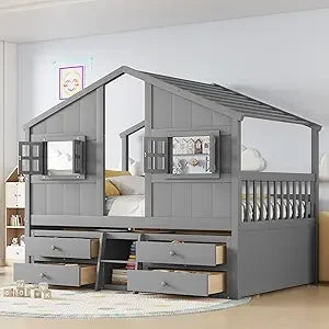 Floor House Bunk Bed with Roof and Window
