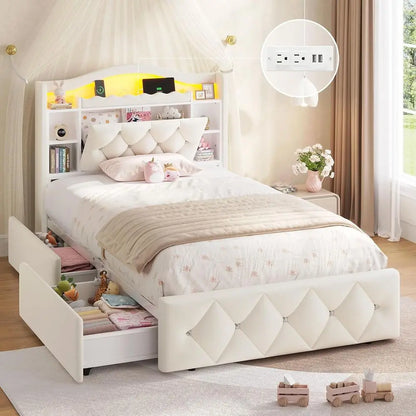 Kids Bed with Bookcase Headboard, Storage Drawers & LED Lights
