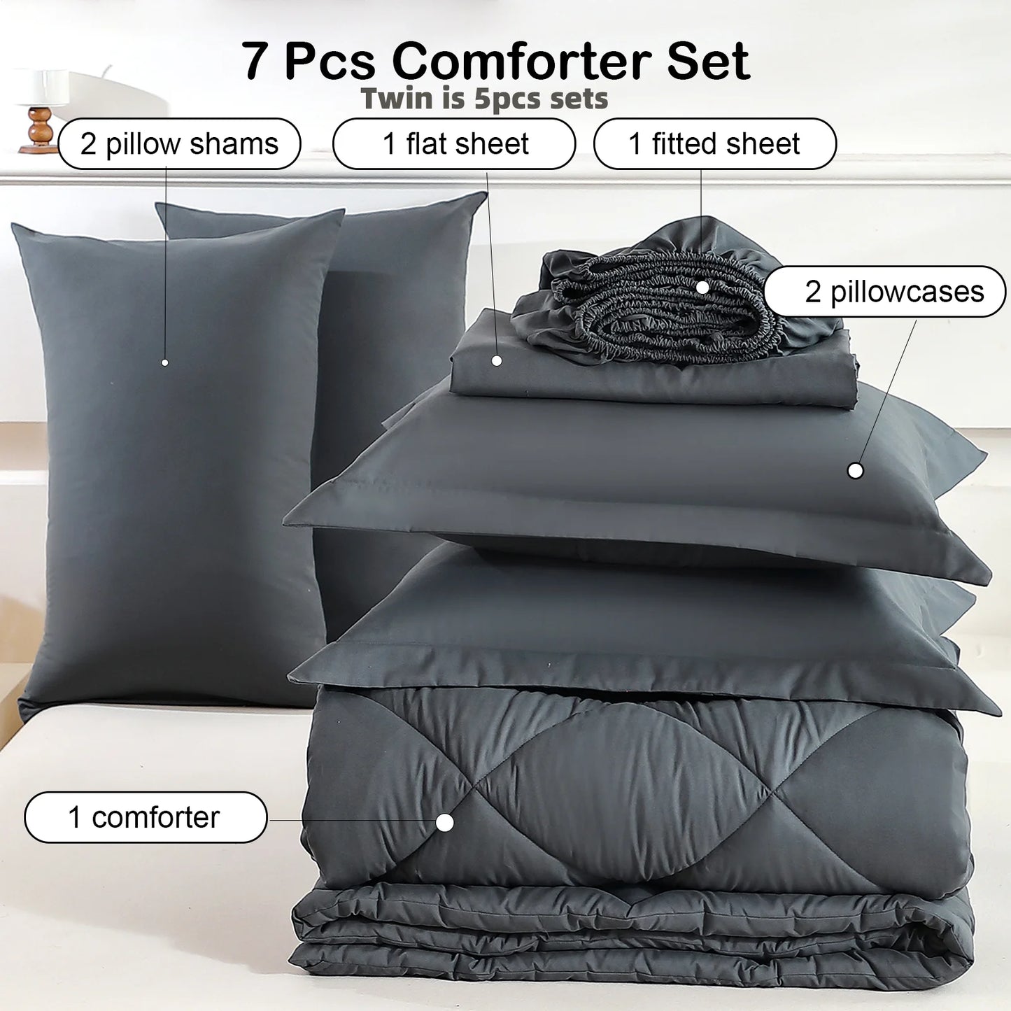 5pcs/7pcs Twin, Full, Queen, King, Bedding Sets with Comforter