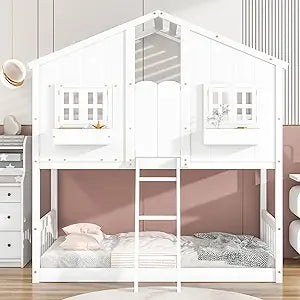 Floor House Bunk Bed with Roof and Window