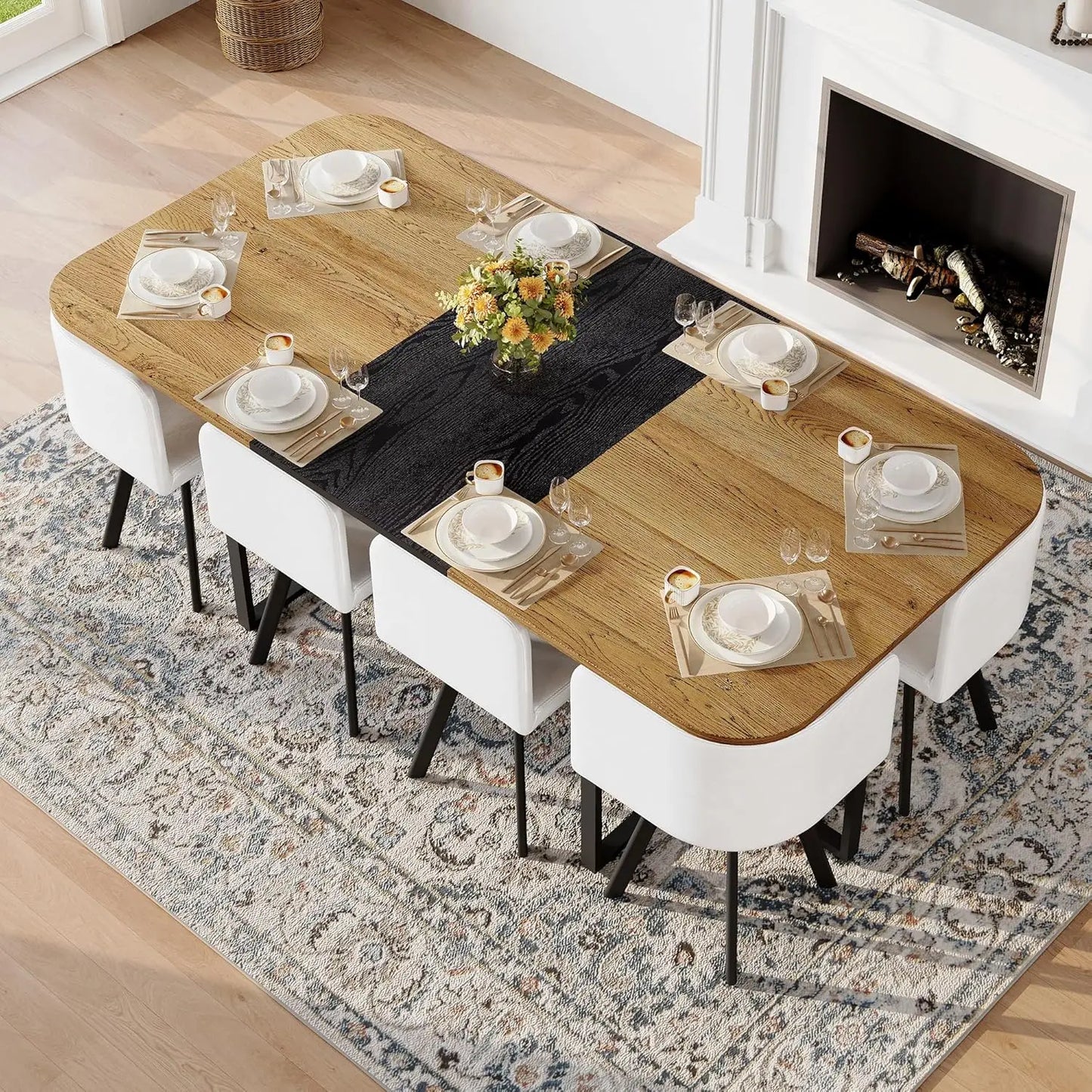 9-Piece Space-Saving Two-Tone Wood Grain Dining Table Set