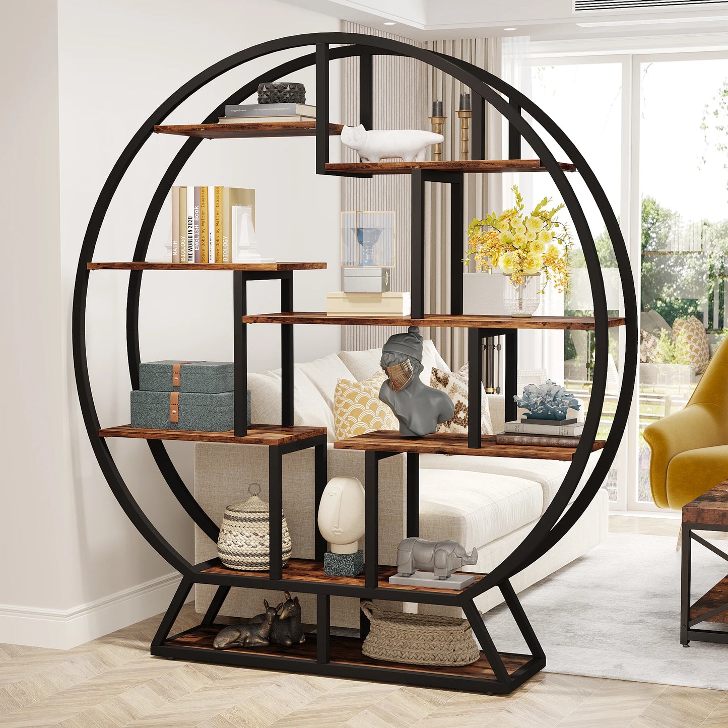 63-Inch Round Wood Bookshelf with Staggered Shelves