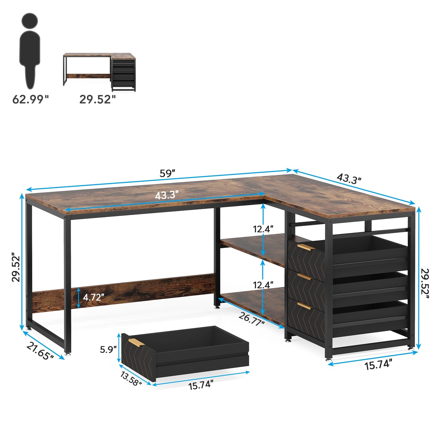 59 inch Corner Desk with Shelves & Storage Drawers