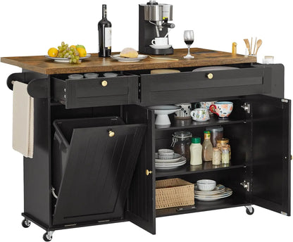 60" Rolling Kitchen Island with Drop-Leaf & Trash Bin