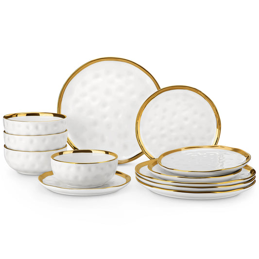12/24 Piece White with Golden Rim Porcelain Dinnerware Sets