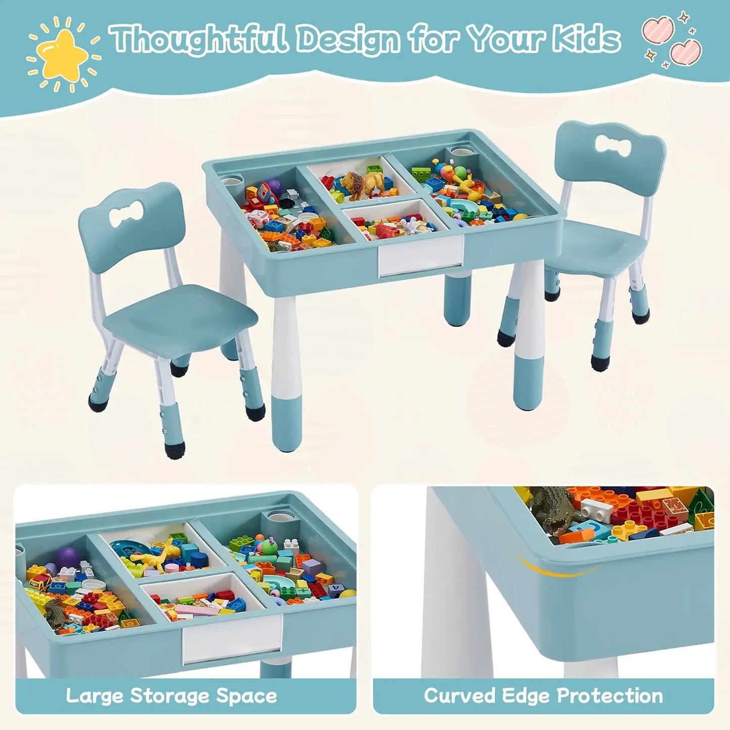 4 in 1 Kids Activity Table and 2 Chairs Set for Kids Ages 3-10