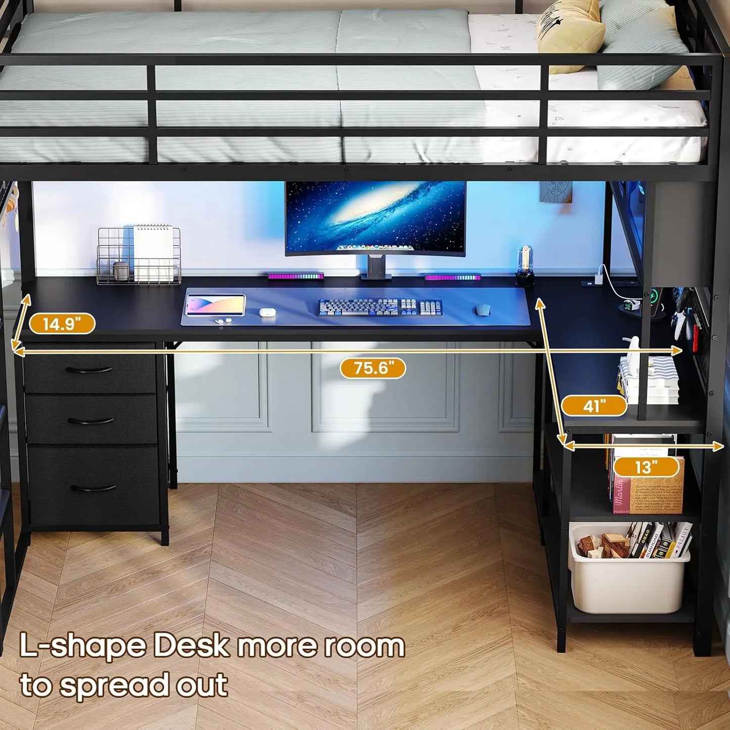 Twin Loft Bed L-Shaped Gaming Desk w/ Storage Hutch, RGB Lights