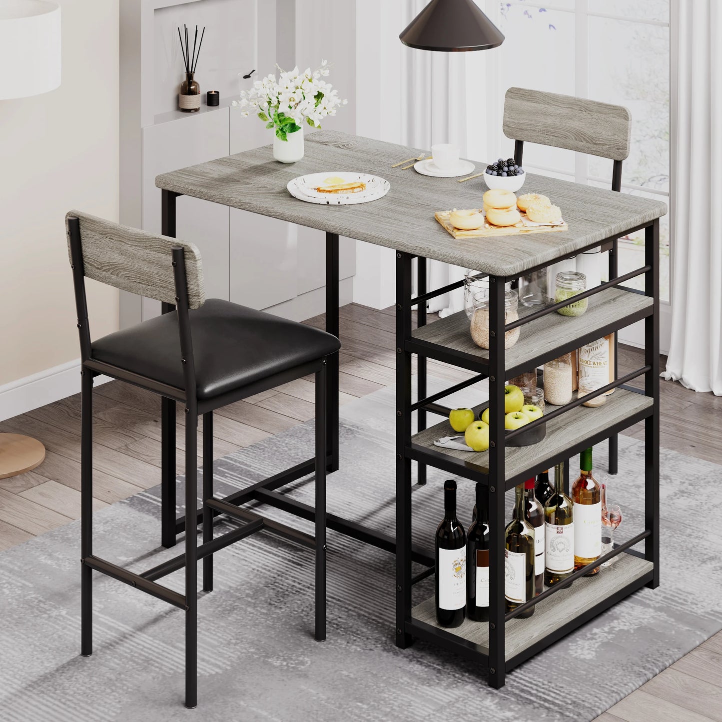 3-Piece Dining Table Set with 3-Tier Shelves Bar