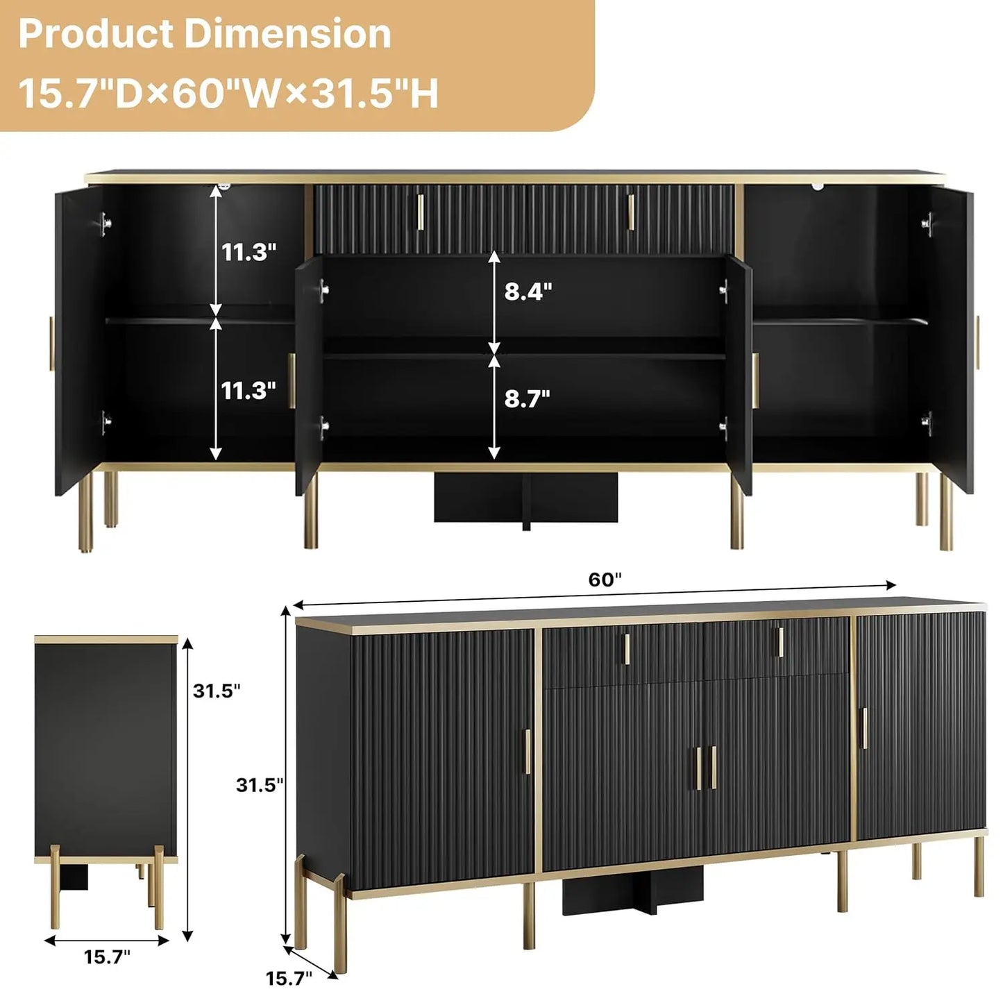 Fluted Storage Sideboard with Adjustable Shelves & Pop-Up Doors