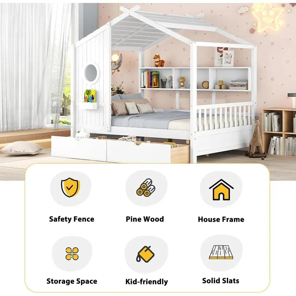 White Wooden Kids House Bed with Storage Drawers and Shelves