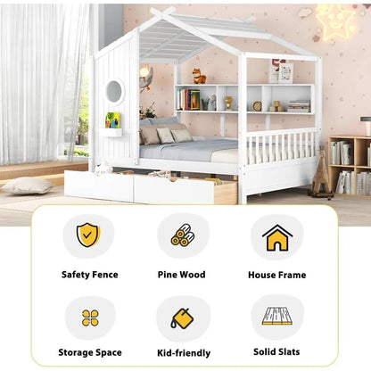 White Wooden Kids House Bed with Storage Drawers and Shelves