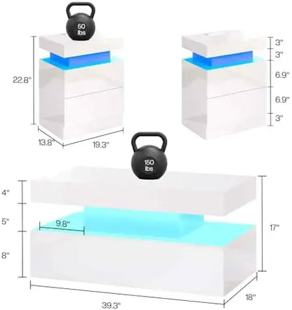 3 Pc Modern High Gloss Coffee Table Set w/ LED Light & Storage
