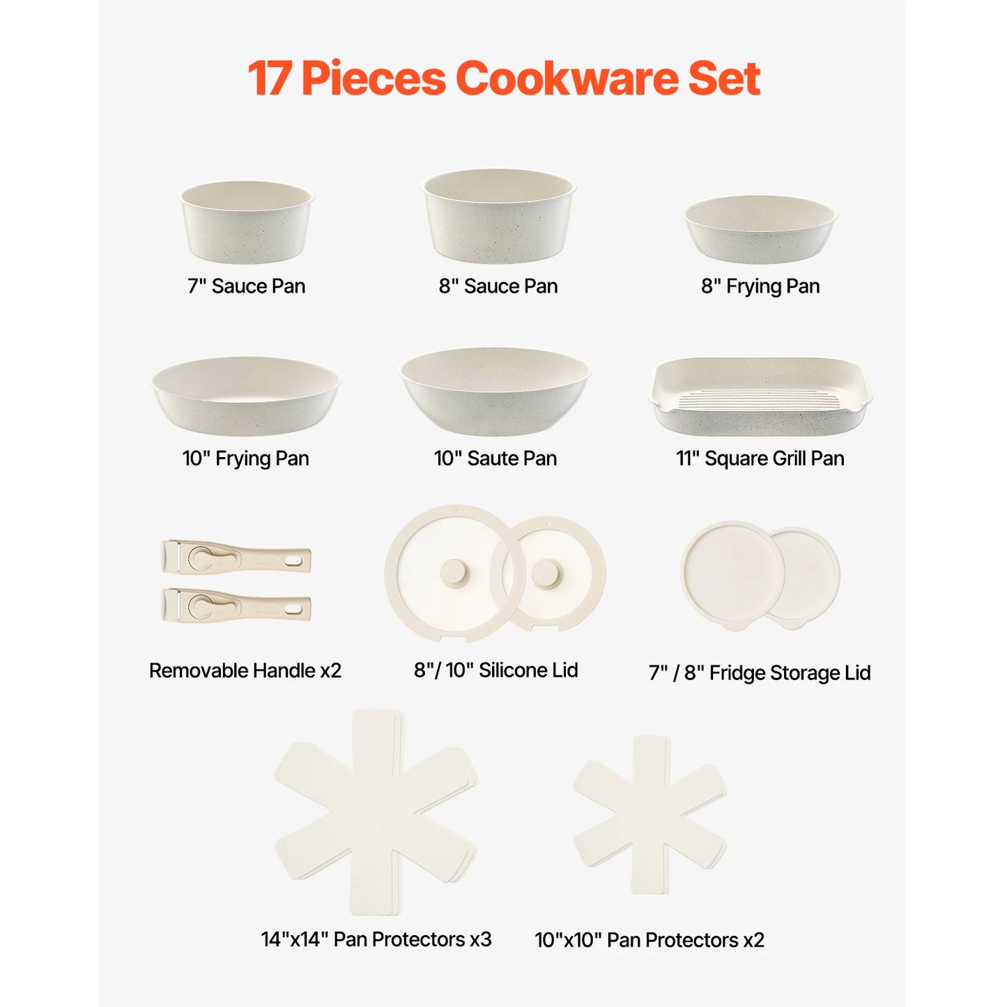17 Piece Nonstick Cookware Set with Detachable Handle