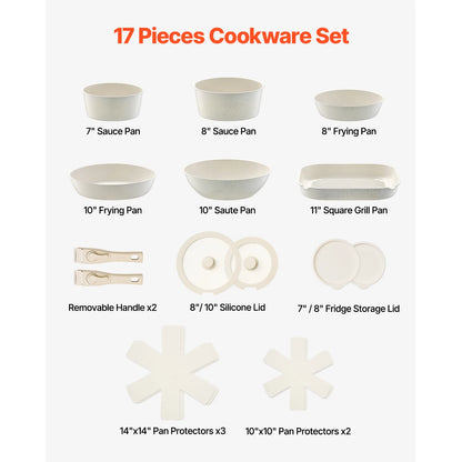 17 Piece Nonstick Cookware Set with Detachable Handle