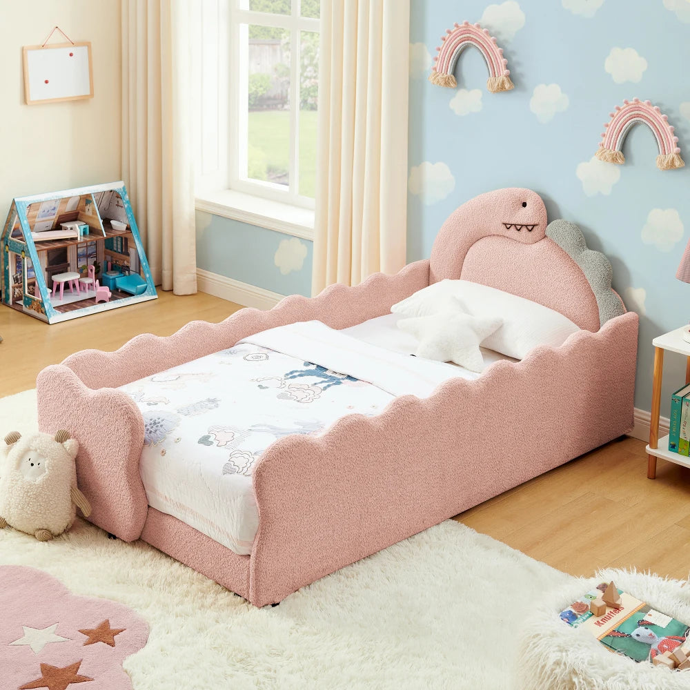 Twin Size Cute Dinosaur-Shaped Kids Bed with Safety Guardrails