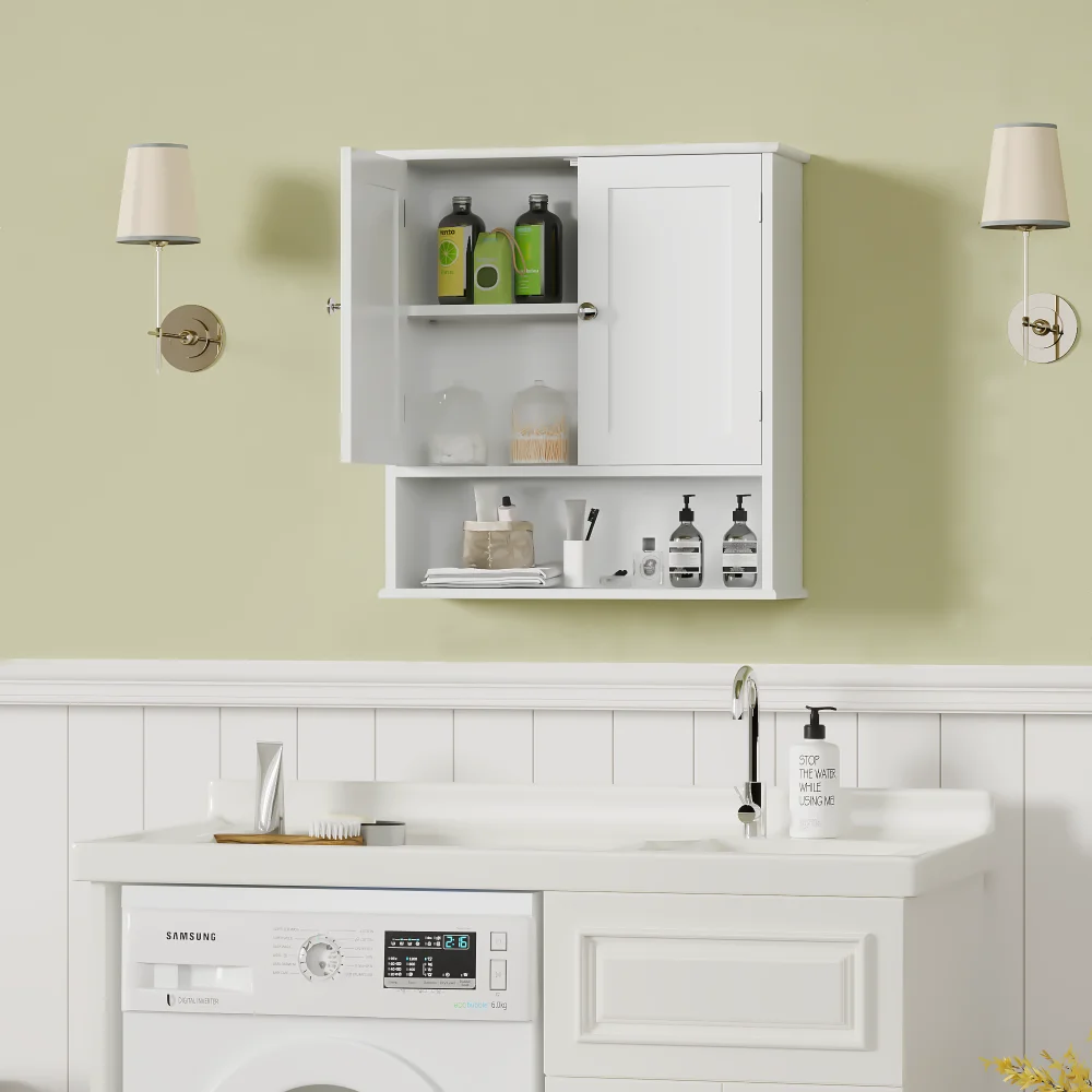 3-Tier Bathroom Wall Cabinet with Doors & Adjustable Shelves