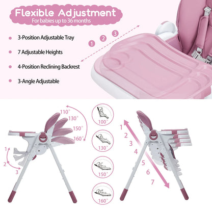 Foldable Infant High Chair with Adjustable Height and Recline