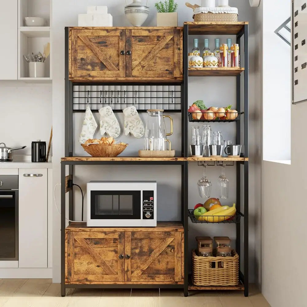 Bakers/ Microwave Stand with 2 Storage Cabinets & Power Outlet