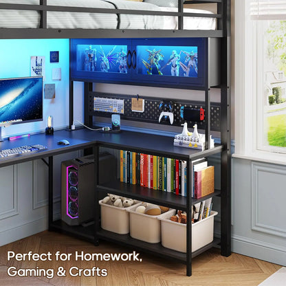 Twin Loft Bed L-Shaped Gaming Desk w/ Storage Hutch, RGB Lights