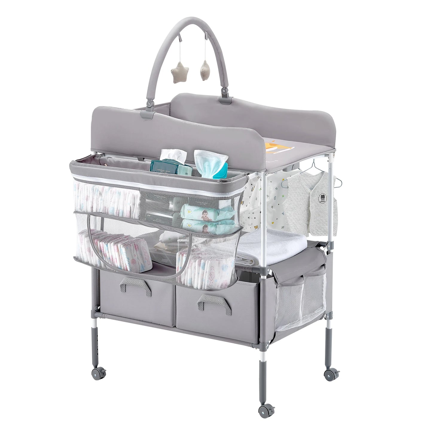 Foldable Diaper Changing Station with 2 Fabric Drawers & Side Basket
