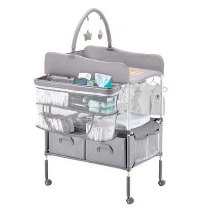 Foldable Diaper Changing Station with 2 Fabric Drawers & Side Basket