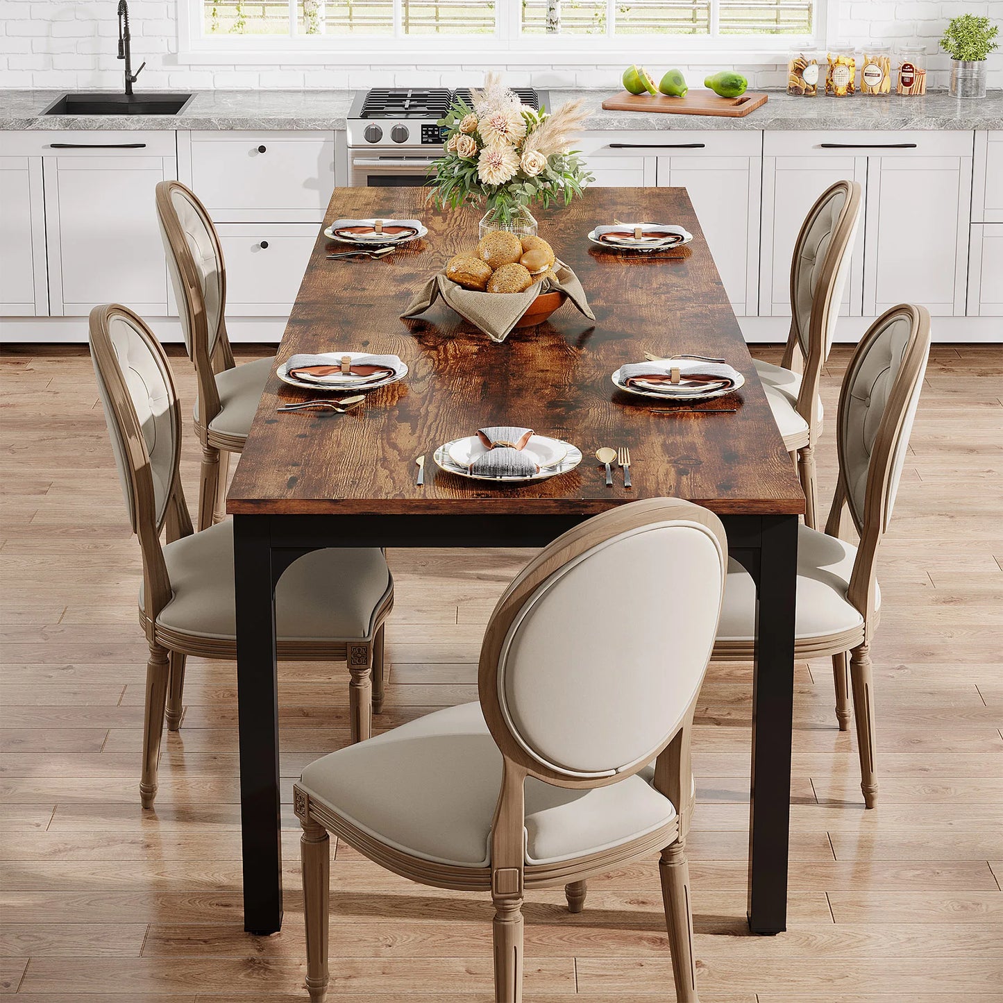 Long Rectangular Rustic Wood Dining Table for 6-8 People