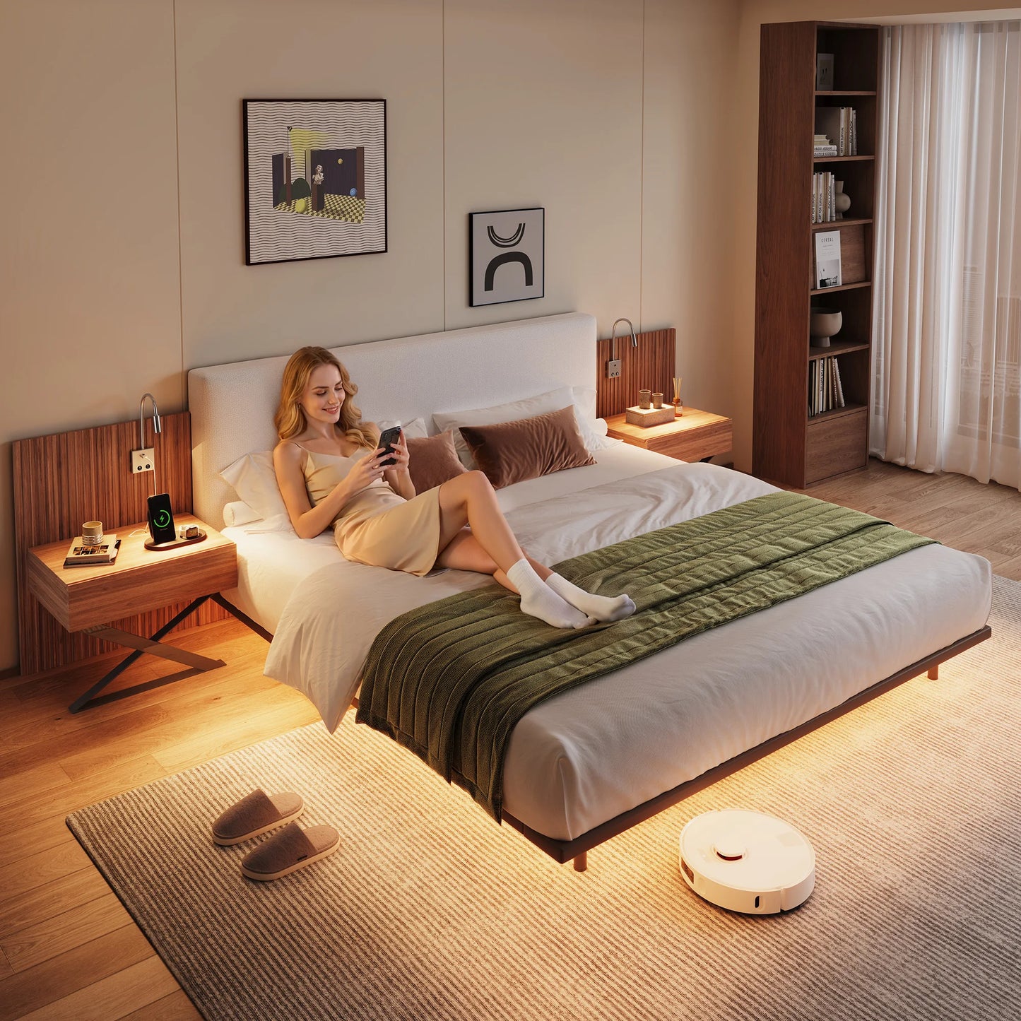 Luxury King Size Bed with Integrated Nightstands & Reading Lamps