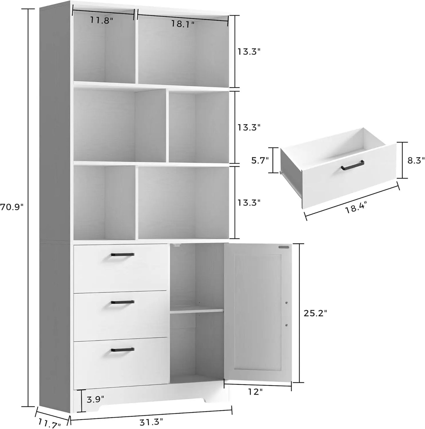 70.9 inch Tall Bookcase with Door & Drawers