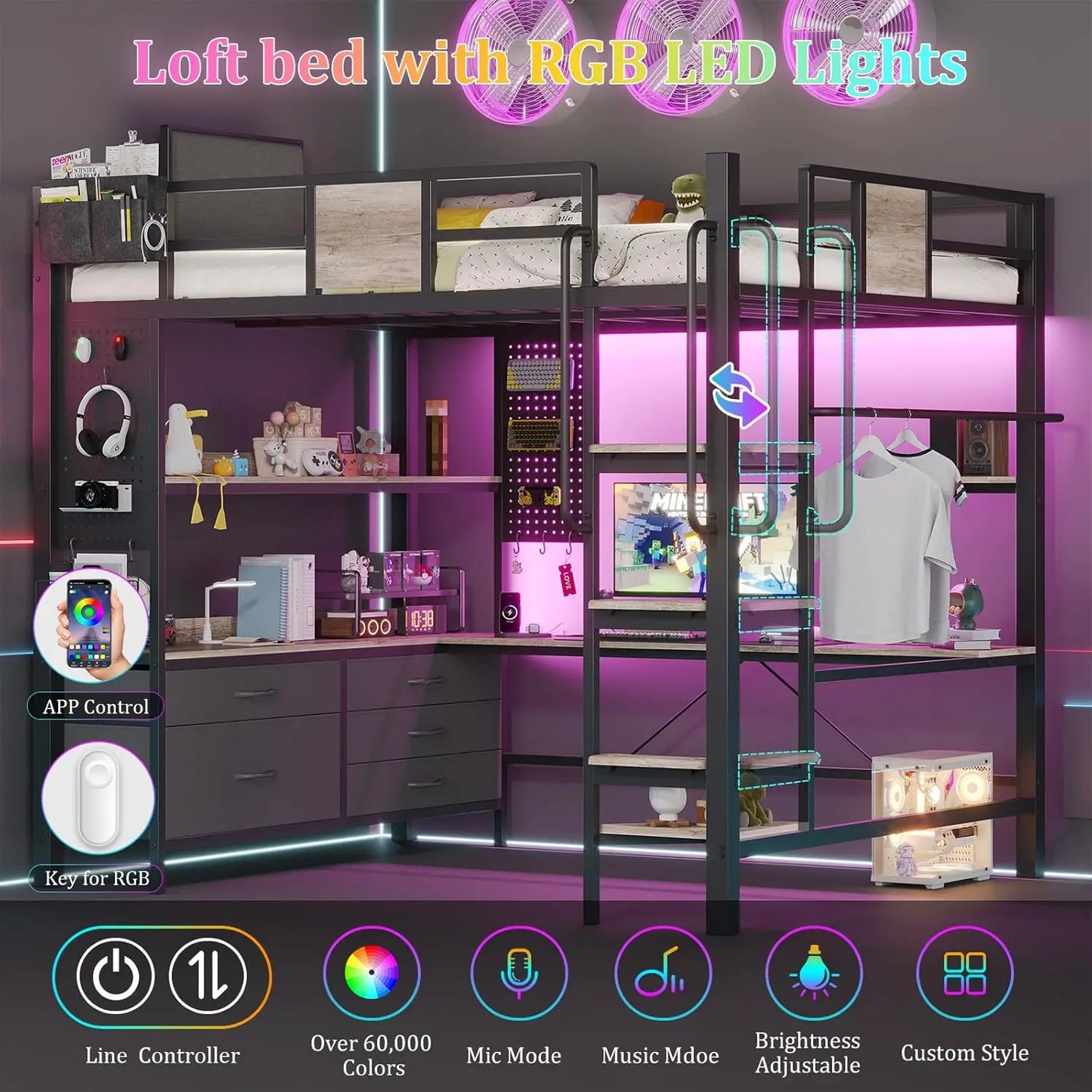 Full Size Loft Bed with Desk, Drawers, Shelves & Charging Station