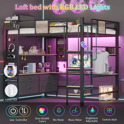 Full Size Loft Bed with Desk, Drawers, Shelves & Charging Station