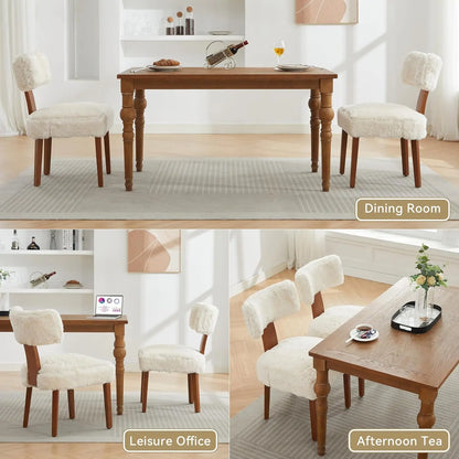 Set of 4 Mid-Century Fur Fabric Dining Chairs with Curved Backrest & Wood Legs