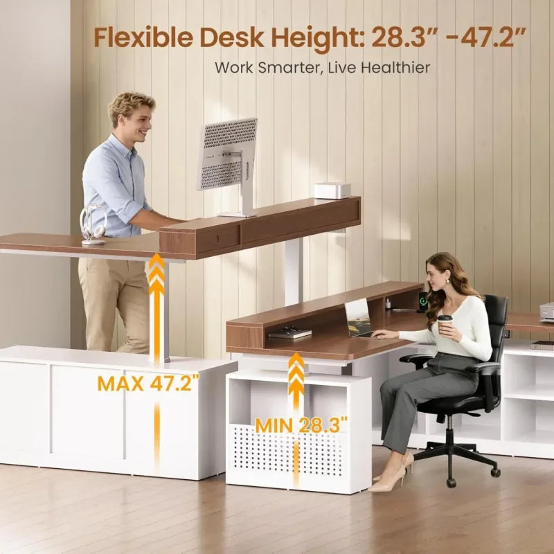 L Shaped Electric Standing Desk with Storage Shelves & LED Lights