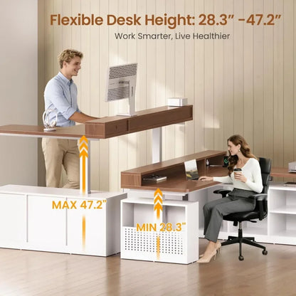 L Shaped Electric Standing Desk with Storage Shelves & LED Lights