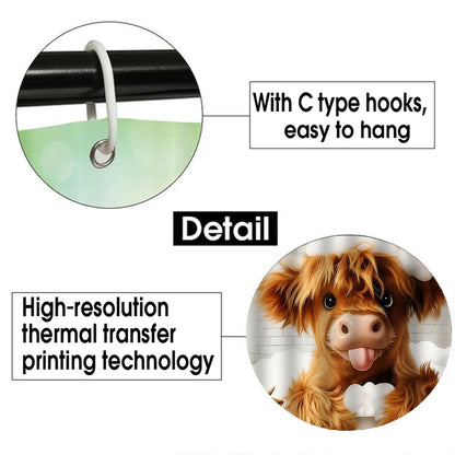 4Pcs Cute Highland Cow Shower Curtain Set with Hooks
